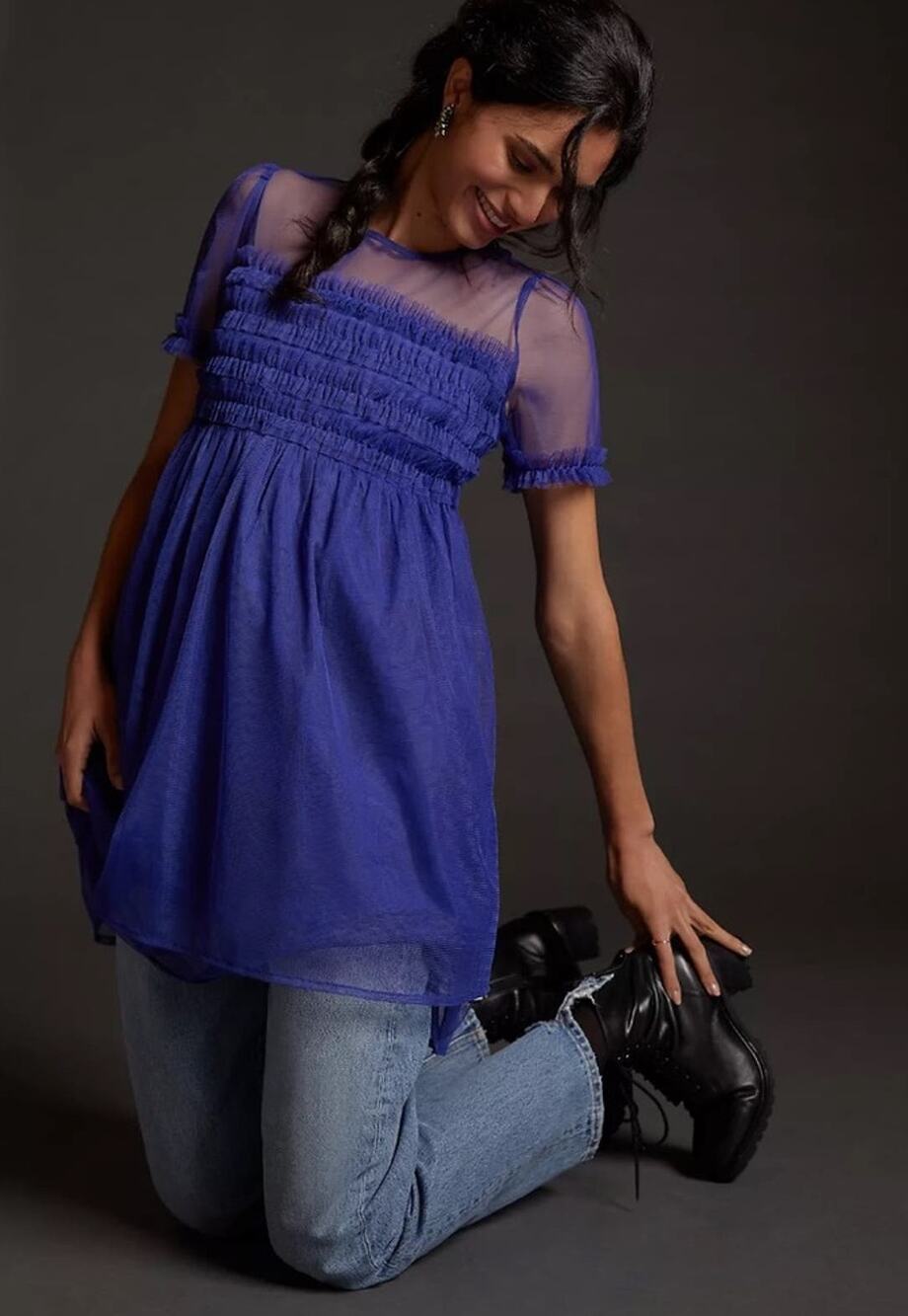 Anthropologie Tulle Mini Dress Smocked Sheer Short Sleeve Navy Blue Size 4Petite